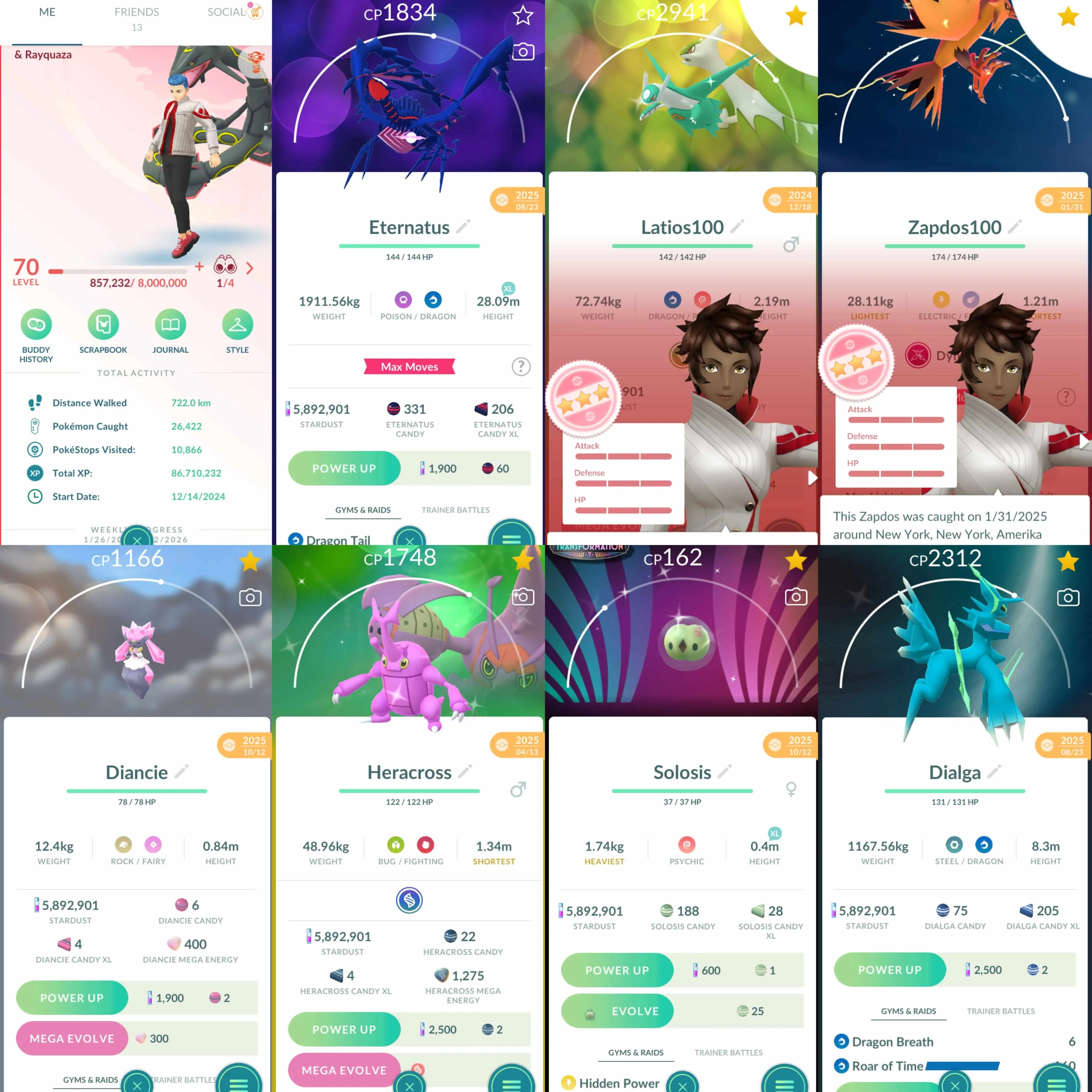 1946 Level 70 Eternatus Shundo Mega Latios Shundo Mesprit Shiny Mega Rayquaza Legends100 x12 DMax Zapdos100 Mega Latias100 Regieleki100 Shiny Dialga Roar of Time Shiny Solosis BG Shiny Mega: Heracross, Kangaskhan, Absol, Gallade, Audino.