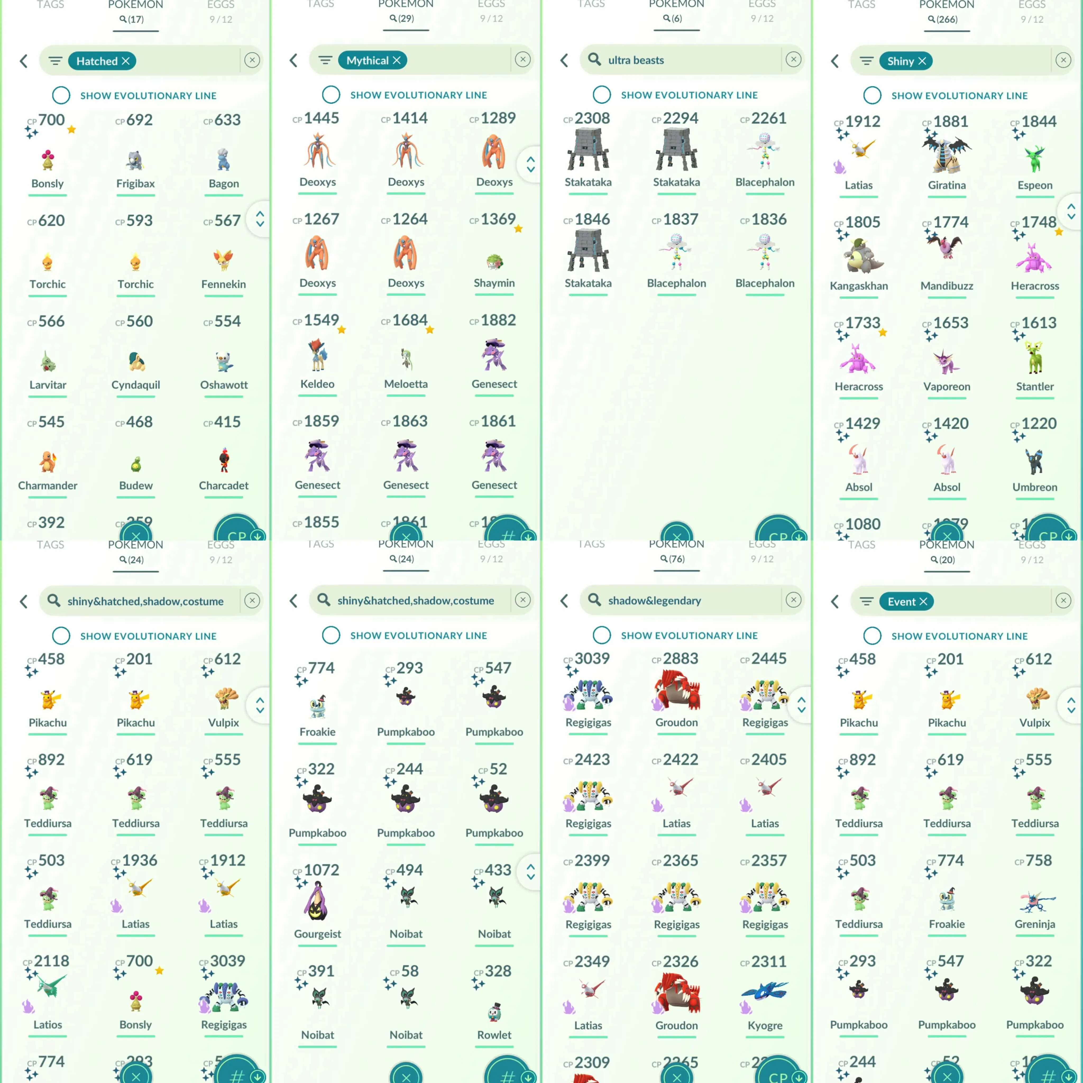 1946 Level 70 Eternatus Shundo Mega Latios Shundo Mesprit Shiny Mega Rayquaza Legends100 x12 DMax Zapdos100 Mega Latias100 Regieleki100 Shiny Dialga Roar of Time Shiny Solosis BG Shiny Mega: Heracross, Kangaskhan, Absol, Gallade, Audino.