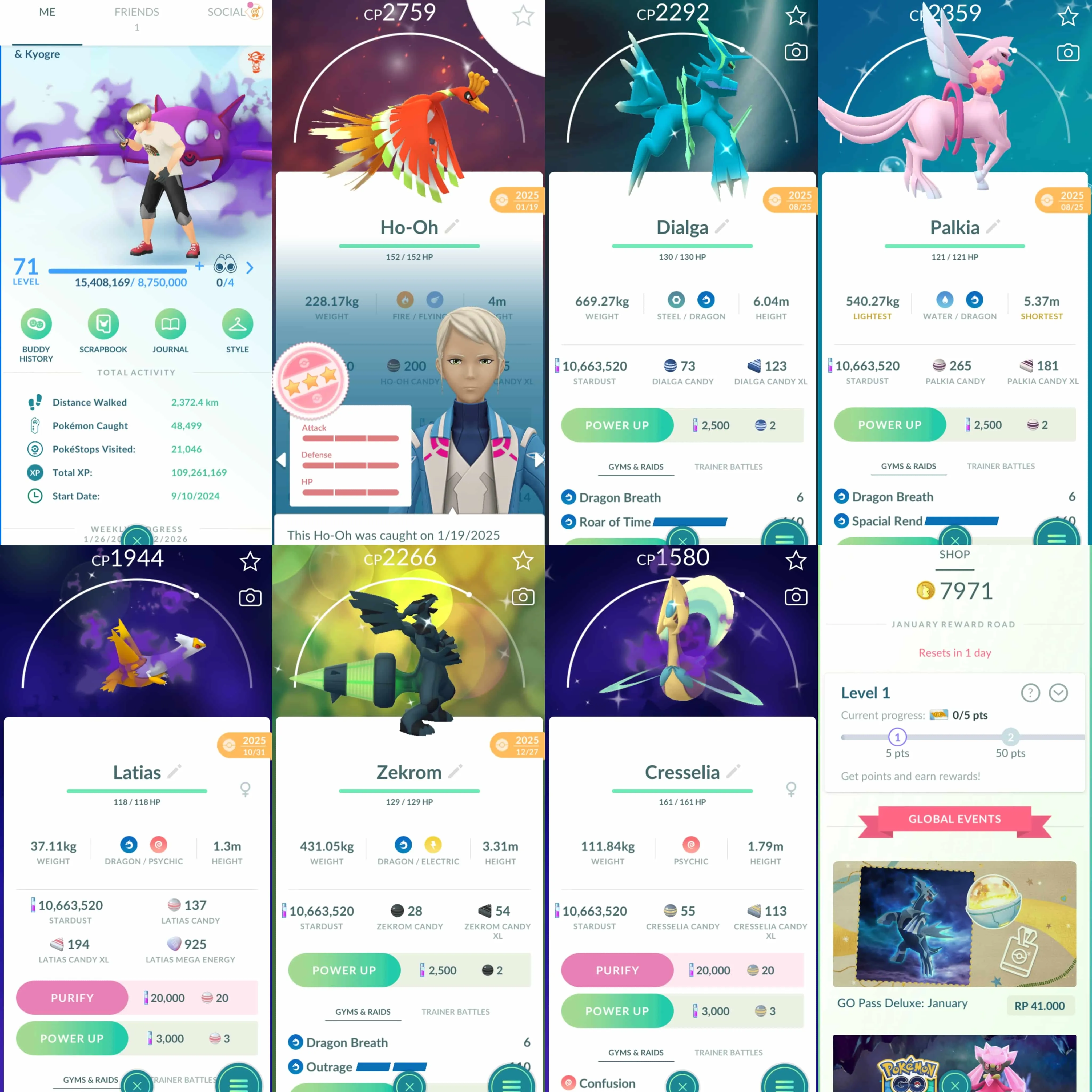 1950 Level 71 Coin7971 Legends100 x13 Zacian100 Lugia100 Palkia100 Shiny Palkia Origin Spacial Rend Shiny Dialga Roar of Time Shiny Mega Latios