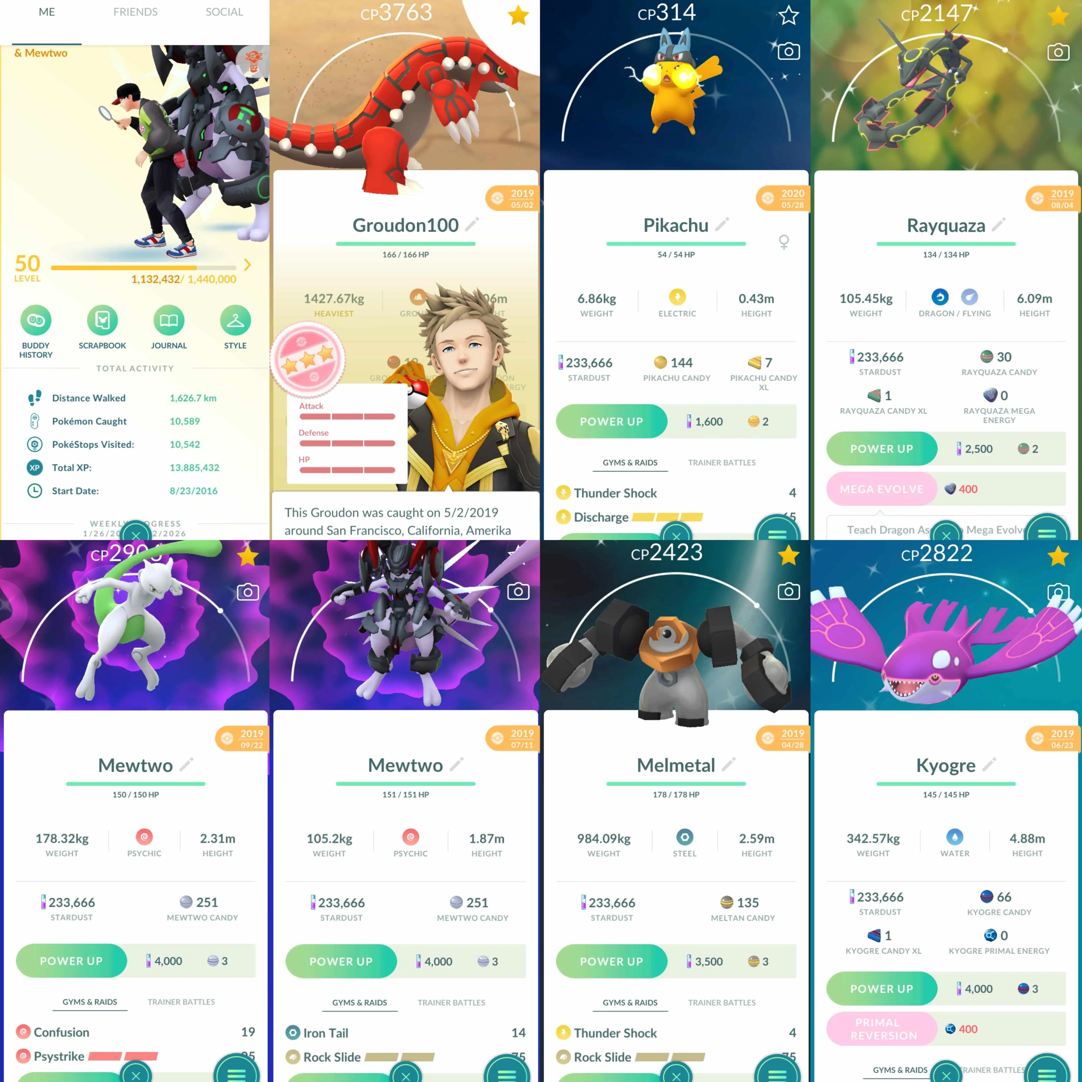 1952 Level 50 2016. Armored Mewtwo x2 tradeable Shiny Rayquaza Shiny Mewtwo Shiny Metagross Shiny Flower Crown Eevee x1 tradeable Shiny Charizard Shiny Pikachu Lucario Hat (traded) Shiny Charmander Cubine Hat (traded)
