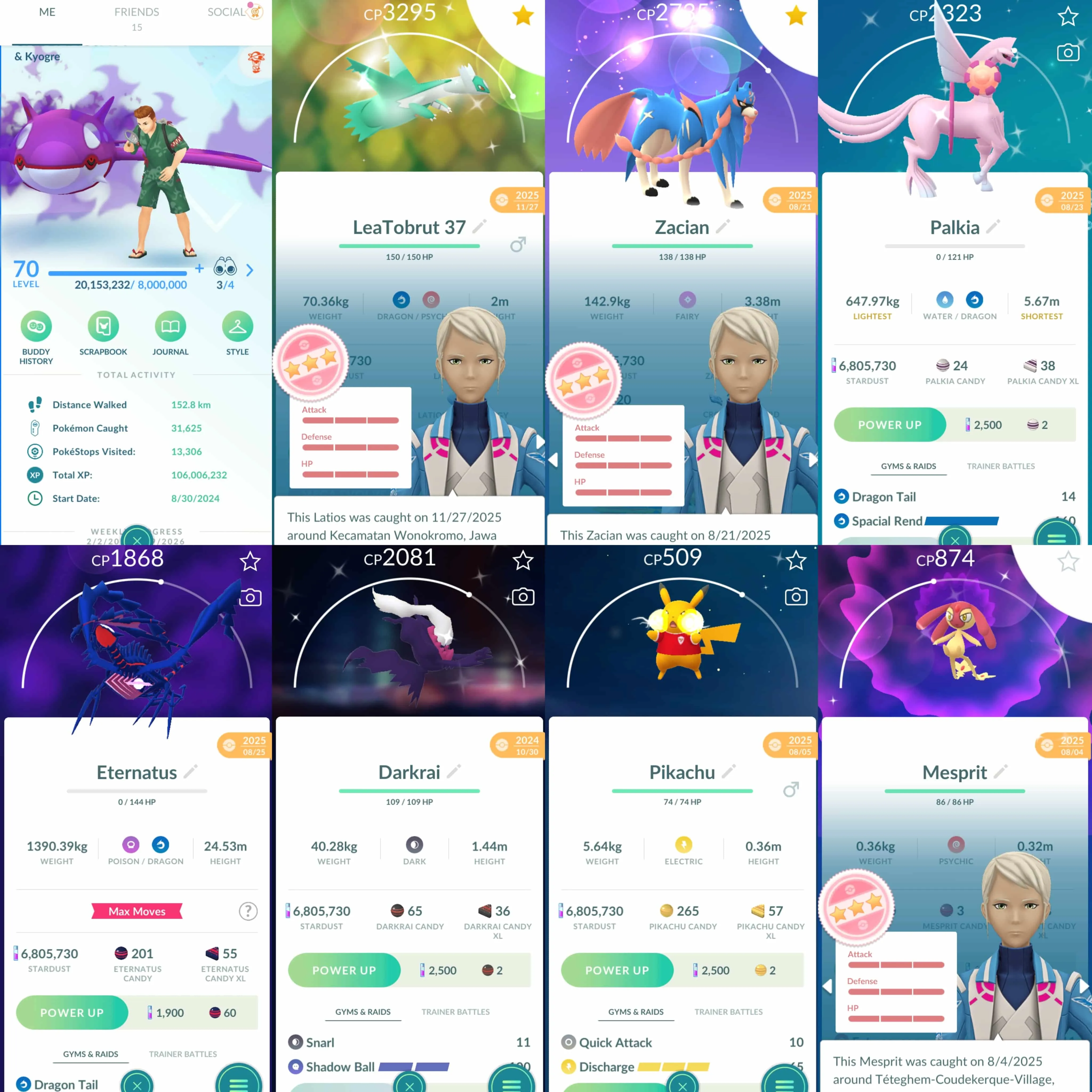 1957 Level 70 Eternatus Zacian100 Shundo Latios Shundo Mesprit Shundo Kommo-o Shiny Palkia Origin Spacial Rend Shiny: Latios, shadow Kyogre, Mesprit, Dialga Origin, Palkia Origin