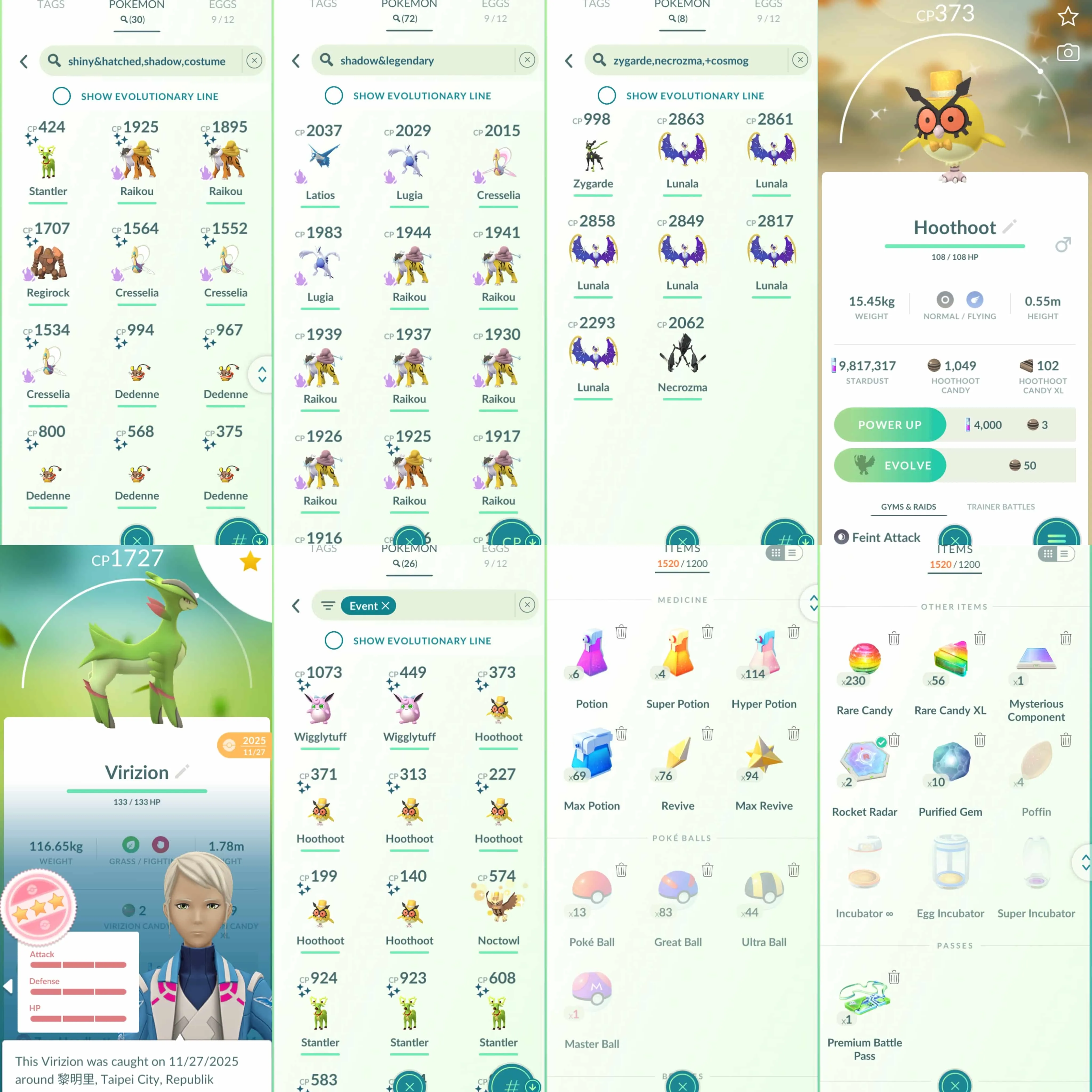 1965 Level 72 Lugia100 Regirock100 Virizion100 Zygarde Shundo Vanillite Shiny: shadow Raikou x2, shadow Regirock, shadow Cresselia x3, Cobalion, Virizion x2, Reshiram, Kyurem, Tapu Fini, Dedenne Holiday Costume, Togepi, Pancham