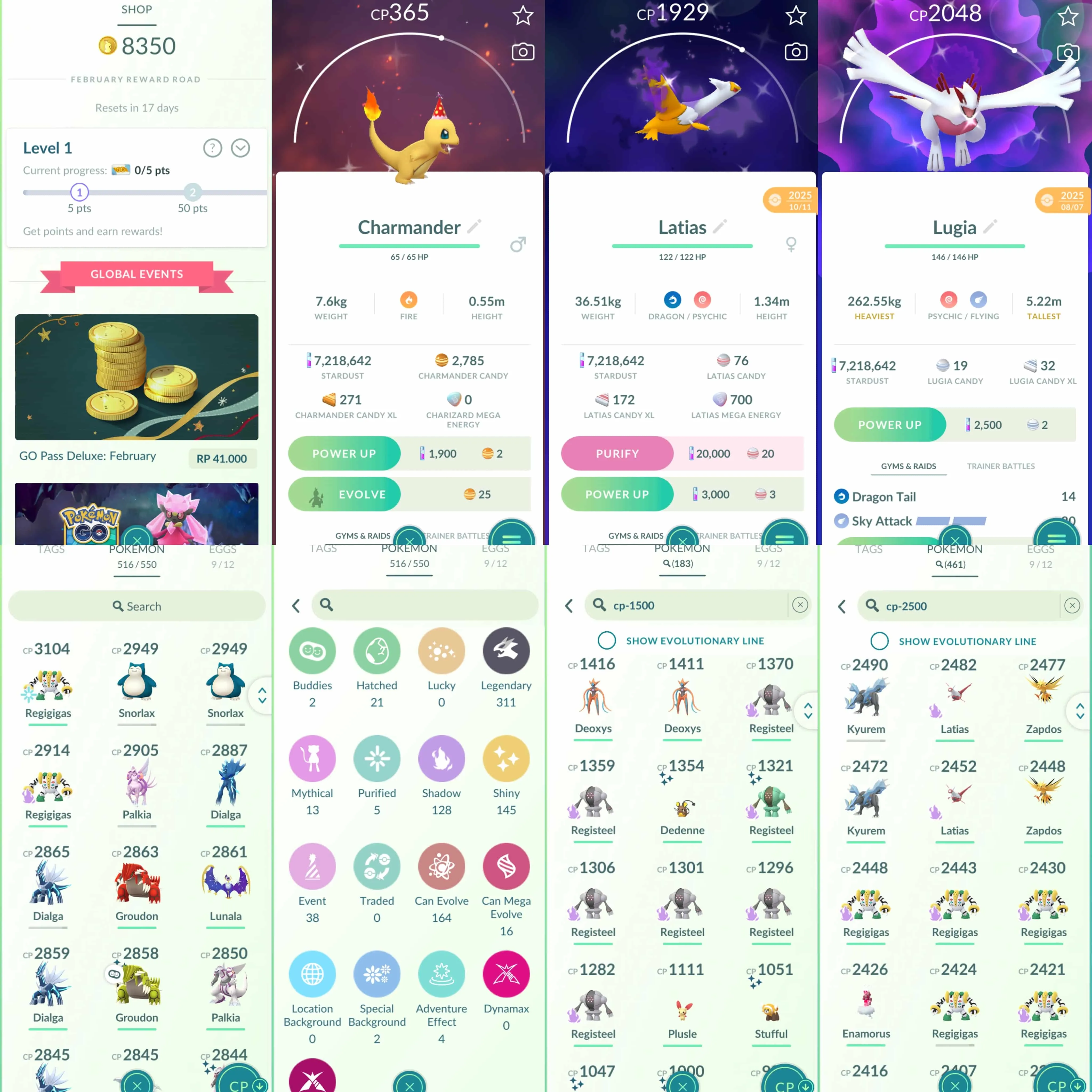1967 Level 70 Coin8350 Shundo Zekrom Latias100 x2 Azelf100 x2 Palkia100 Heatran100 x2 Regigigas100 Shiny: Lugia, shadow Registeel, shadow Latias, shadow Latios x2, Kyogre, Groudon, Dialga Origin, Palkia, Palkia Origin, Giratina