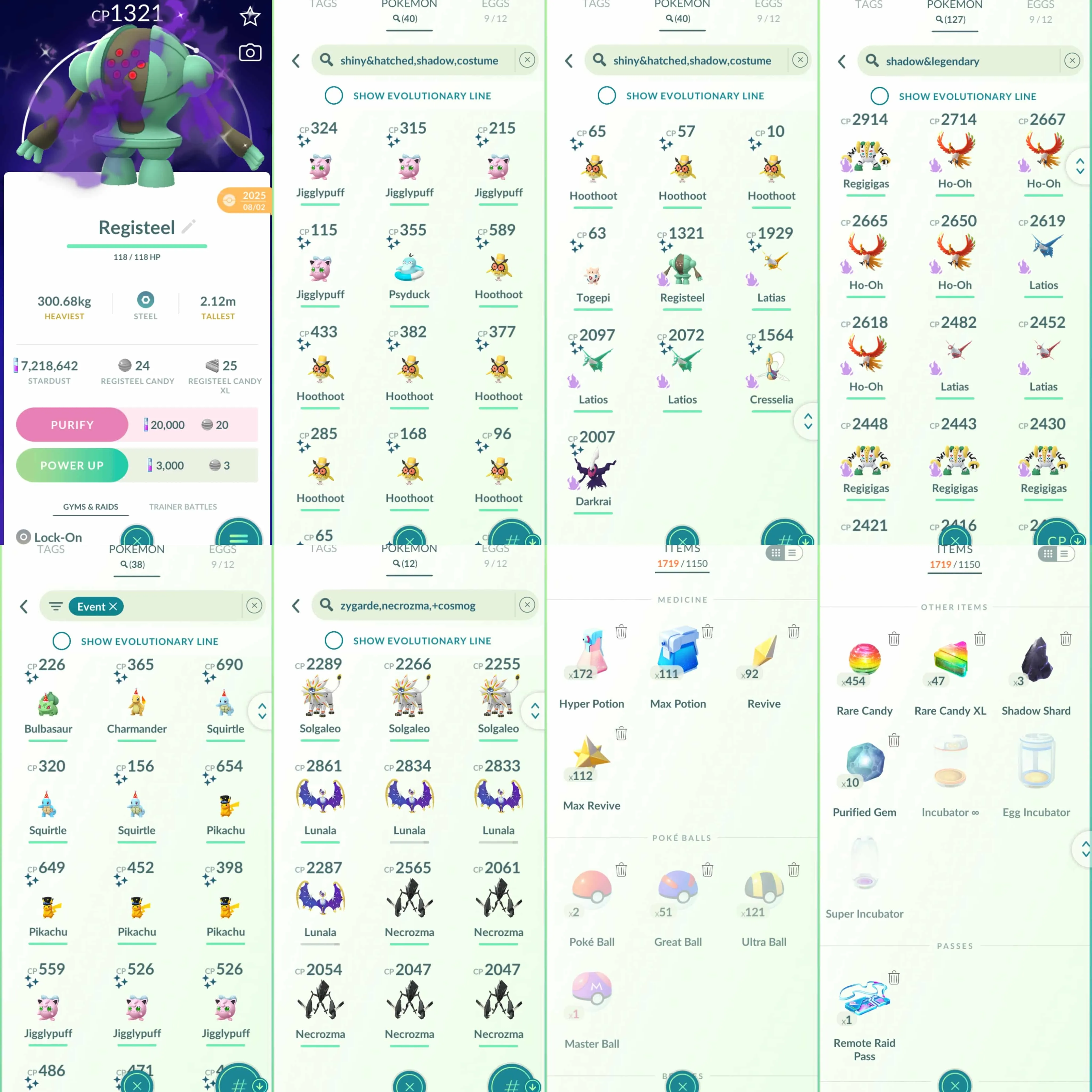 1967 Level 70 Coin8350 Shundo Zekrom Latias100 x2 Azelf100 x2 Palkia100 Heatran100 x2 Regigigas100 Shiny: Lugia, shadow Registeel, shadow Latias, shadow Latios x2, Kyogre, Groudon, Dialga Origin, Palkia, Palkia Origin, Giratina