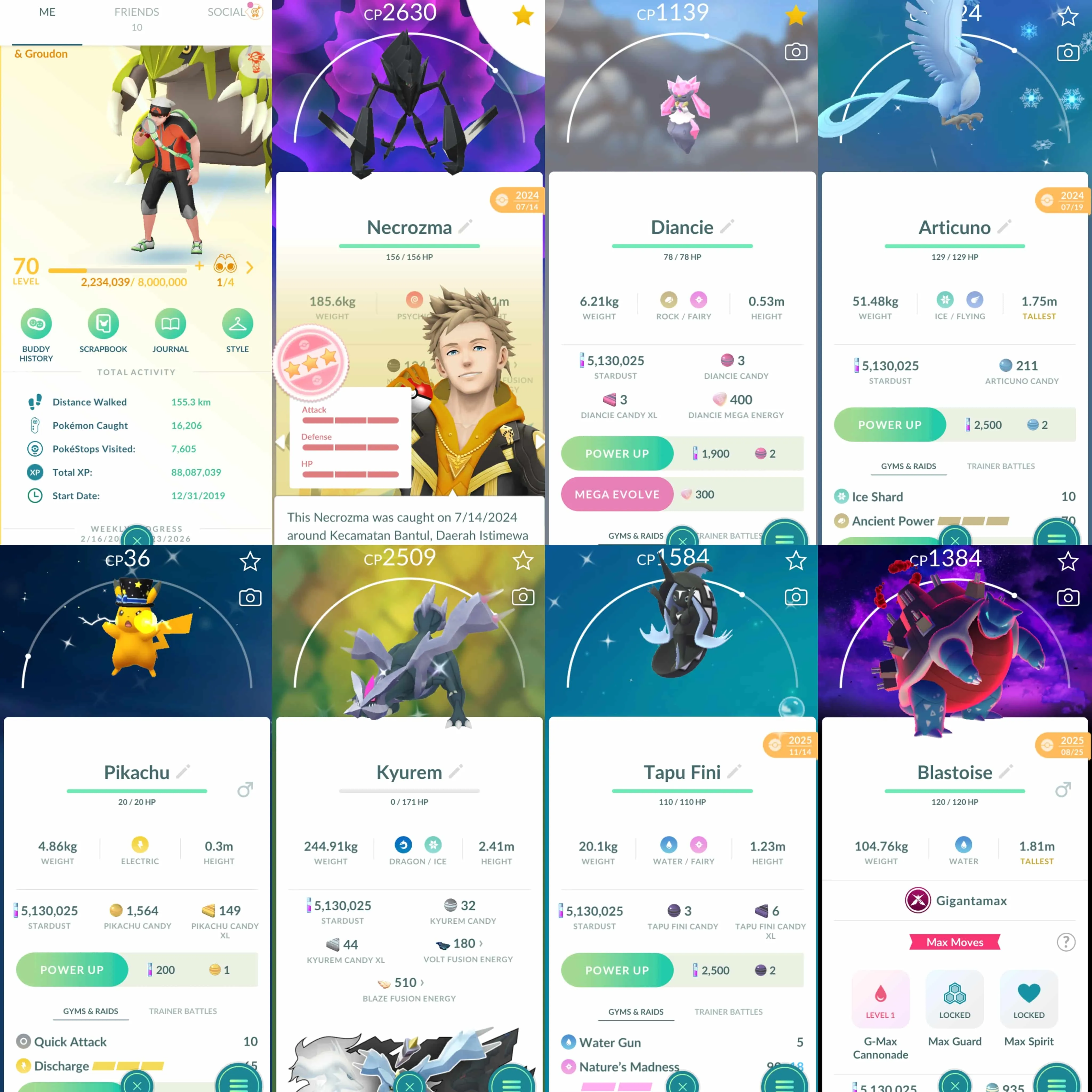 1979 Level 70 2019. Necrozma100 Shiny: Articuno, Groudon, Kyurem, Alolan Marowak, Ditto, Beldum.  GMax Blastoise Dark Skies BG  Zygarde Cosmog Mega Diance  Master Ball