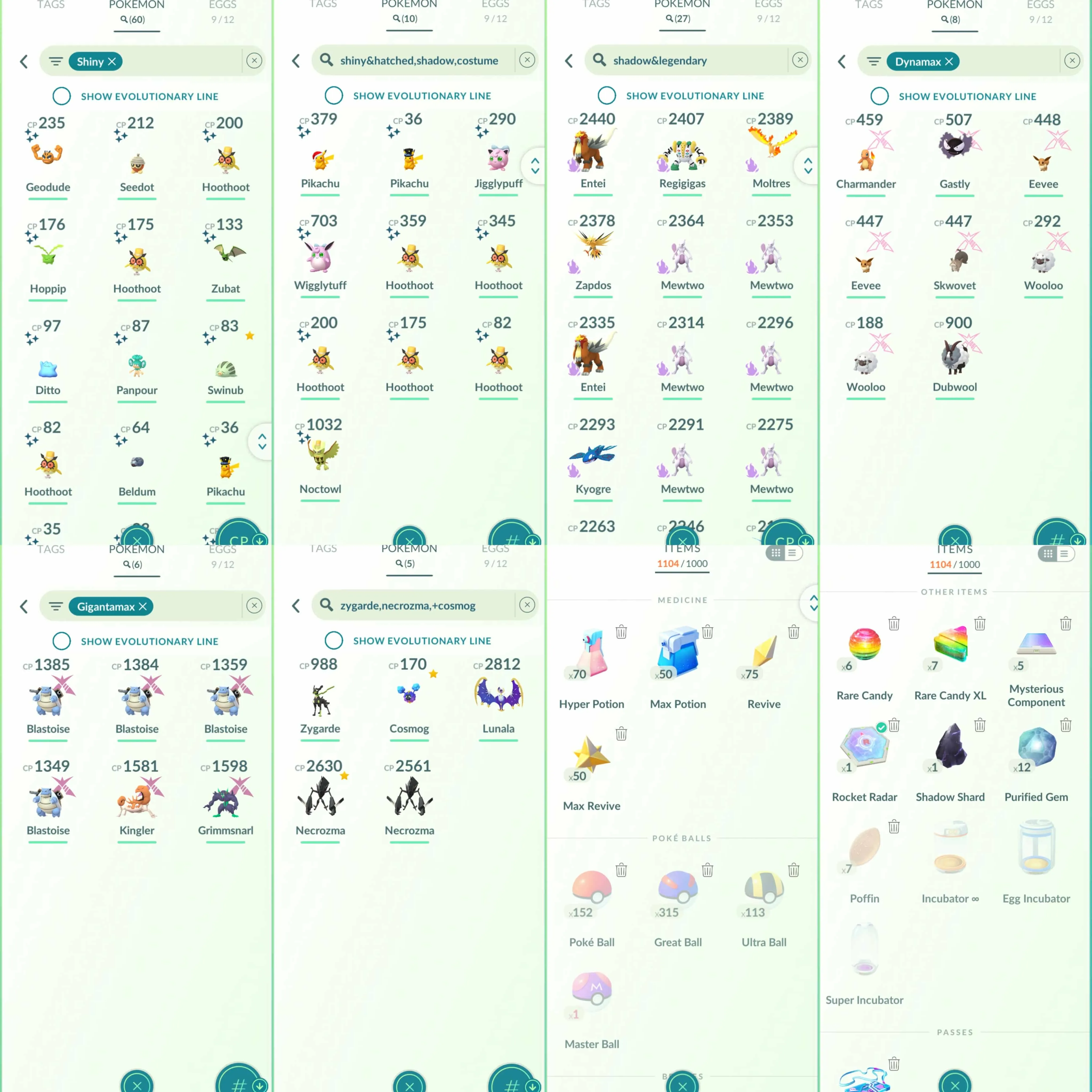 1979 Level 70 2019. Necrozma100 Shiny: Articuno, Groudon, Kyurem, Alolan Marowak, Ditto, Beldum.  GMax Blastoise Dark Skies BG  Zygarde Cosmog Mega Diance  Master Ball