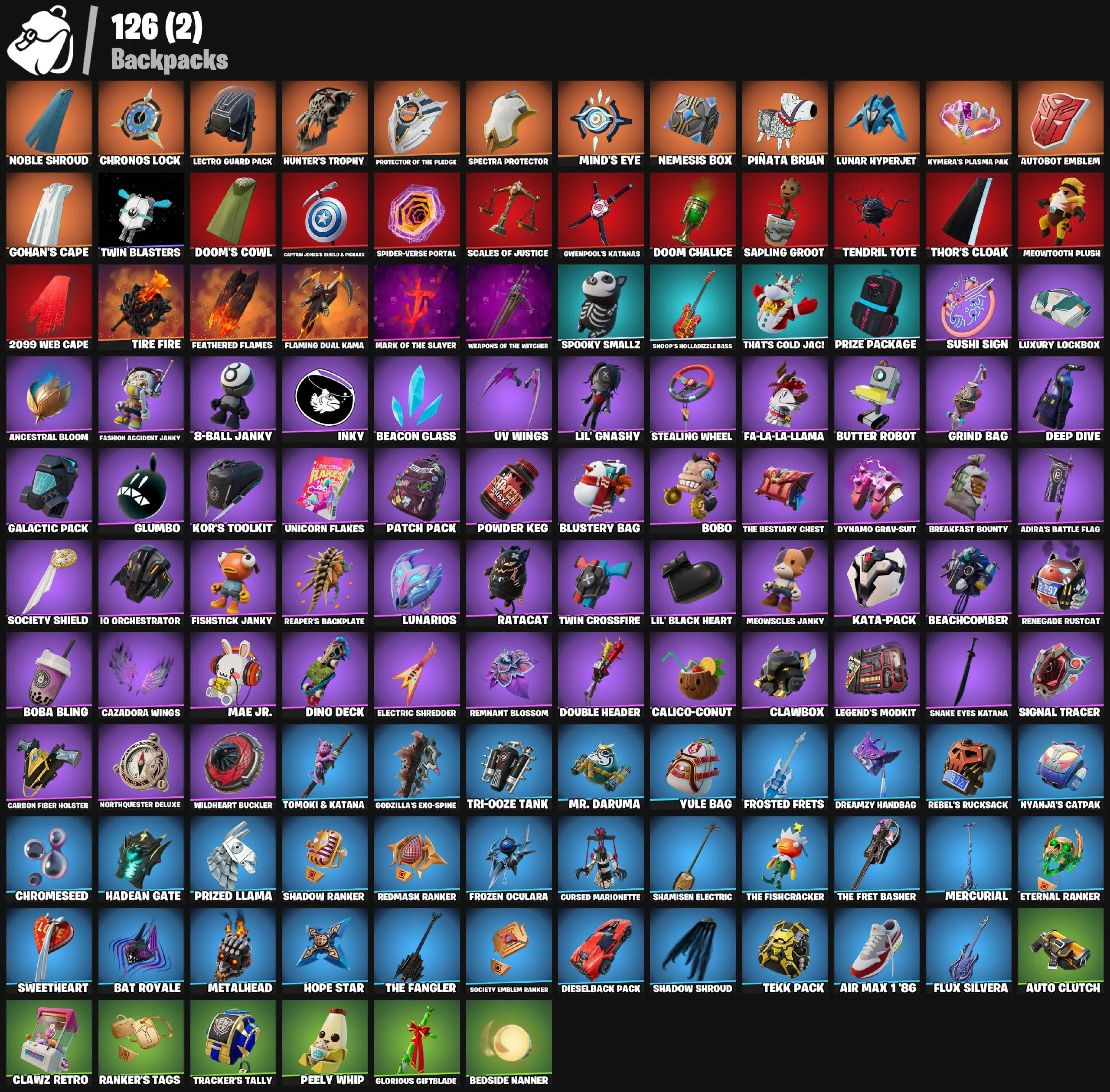 F1186 85 Skins: Snake Eyes, Peter Griffin, Son Gohan, The Ageless, Optimus Prime, Predator, Spectra Knight, exclusive backblings, 126 backpacks, 84 gliders, 97 pickaxes, 76 emotes 