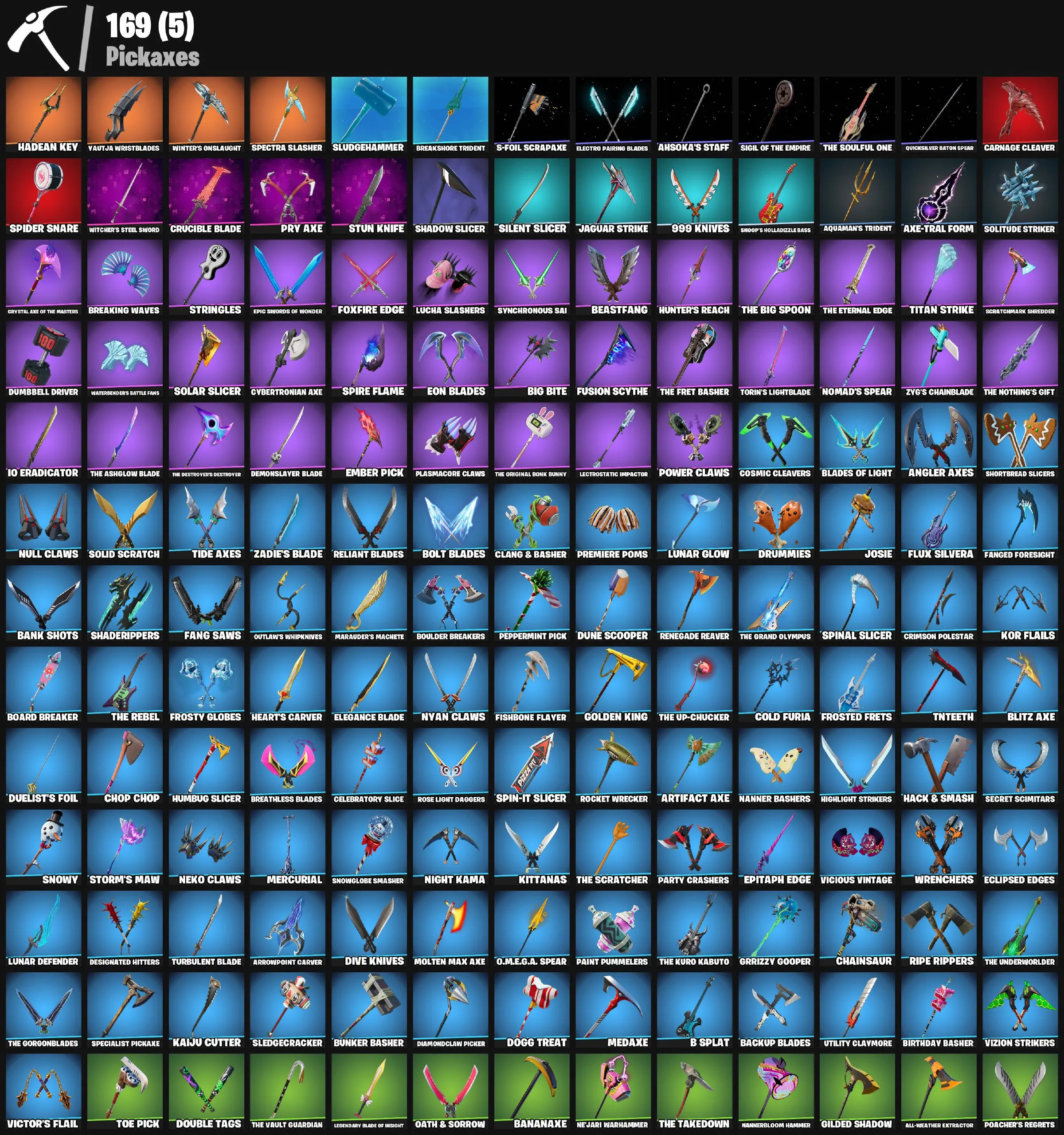 F1111 Renegade Raider, Gold Meowscles, Gold Midas, Gold TNTina, Gold Brutus, Dummy Supreme, Fusion, 158 Skins, 195 Backpacks, 169 Pickaxes (G)