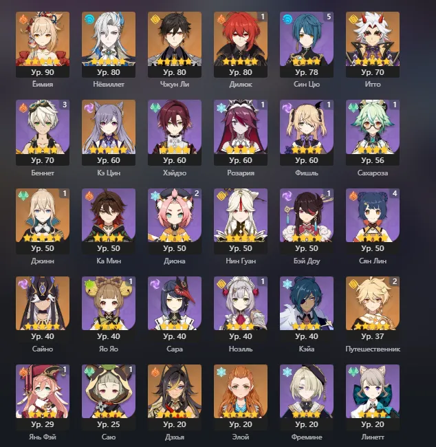GI1258 43 Characters 10 Legendaries Yoimiya Neuvillette Zhongli Diluc Keqing Itto Jean Cyno Dehya Aloy AR53 (G)