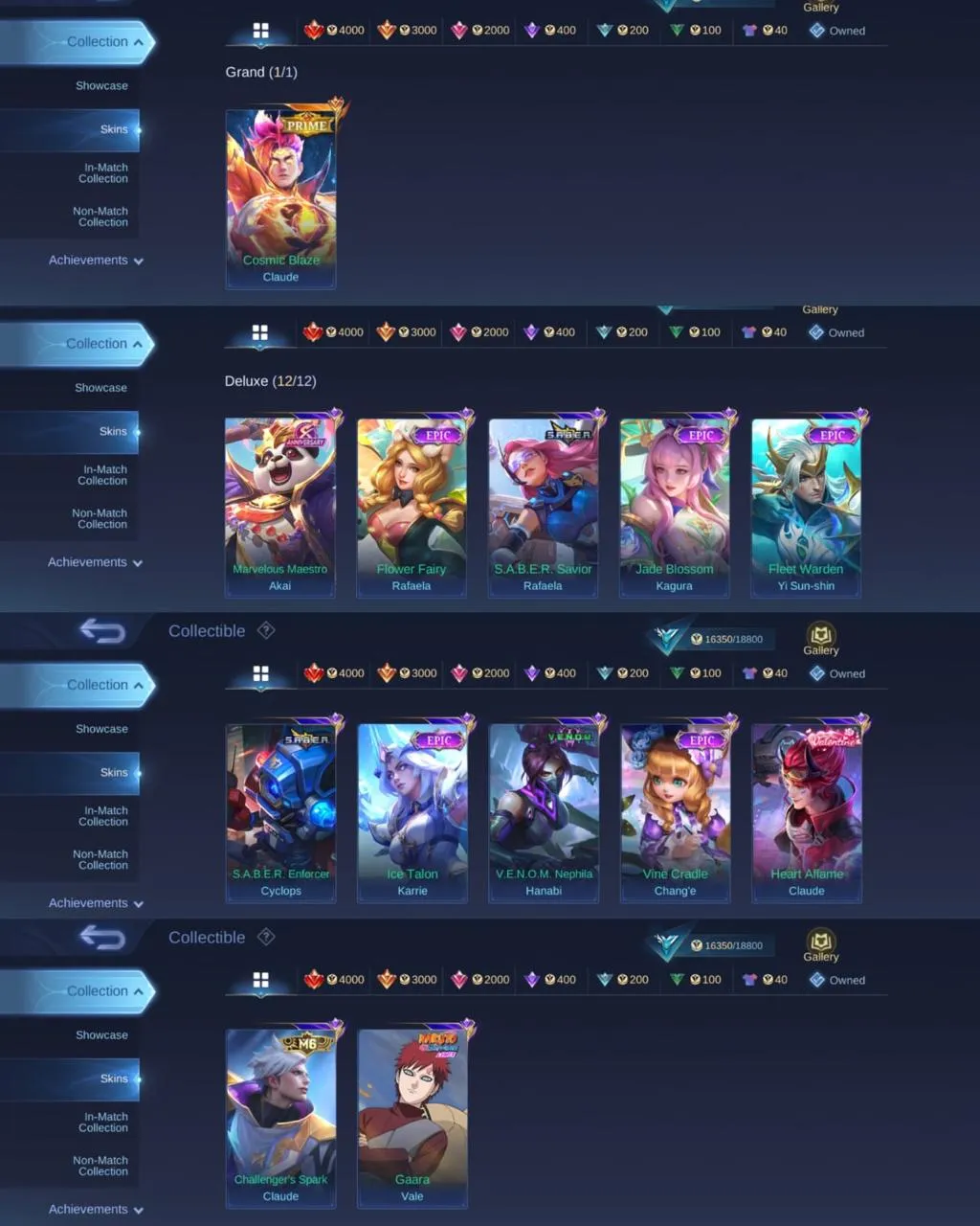 ML 325⚡PRIME CLAUDE⚡️EPIC RAFAELA KAGURA YI SUNSHIN KARRIE CHANGE⚡️VENOM HANABI⚡️VALENTINE CLAUDE⚡️NARUTO VALE⚡️M6 CLAUDE⚡️SABER CYCLOPS⚡️