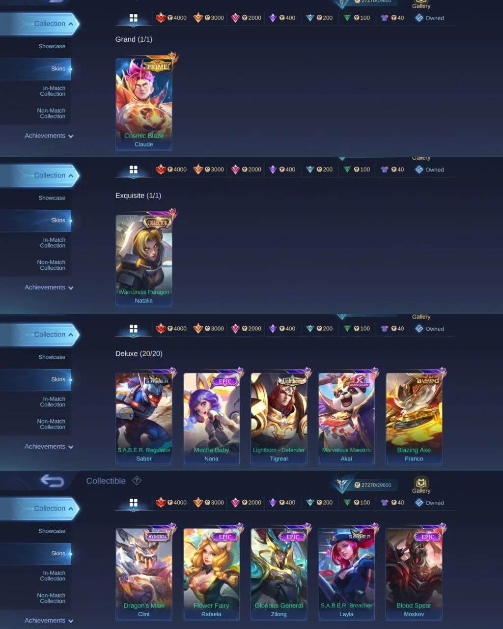 ML 327⚡SKINS 103⚡HERO 71⚡PRIME CLAUDE⚡️COLLECTOR NATALIA⚡️10 EPIC⚡️LIGHTBORN TIGREAL⚡️BLAZING FRANCO⚡️MYTH CLINT⚡️VALENTINE FANNY⚡️M6 CLAUDE⚡️DRAGON MASHA⚡️