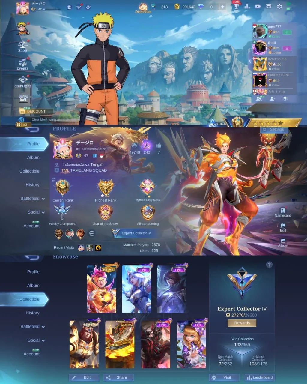 ML 327⚡SKINS 103⚡HERO 71⚡PRIME CLAUDE⚡️COLLECTOR NATALIA⚡️10 EPIC⚡️LIGHTBORN TIGREAL⚡️BLAZING FRANCO⚡️MYTH CLINT⚡️VALENTINE FANNY⚡️M6 CLAUDE⚡️DRAGON MASHA⚡️