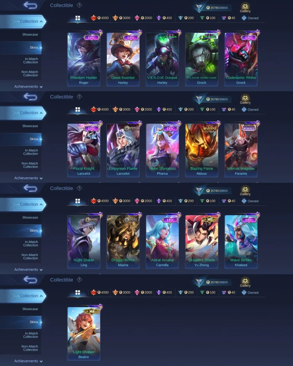 ML 339⚡FULL MAX EMBLEM⚡SKINS 146⚡HERO 99⚡PRIME YUZHONG⚡️COLLECTOR NATALIA⚡️LIGHTBORN TIGREAL⚡️11 EPIC⚡️ VALENTINE FANNY⚡️RISING LOLITA⚡️VENOM HARLEY GROCK⚡️BLAZING ALDOUS⚡️DRAGON LANCELOT LING MASHA⚡️M4 BEATRIX⚡️