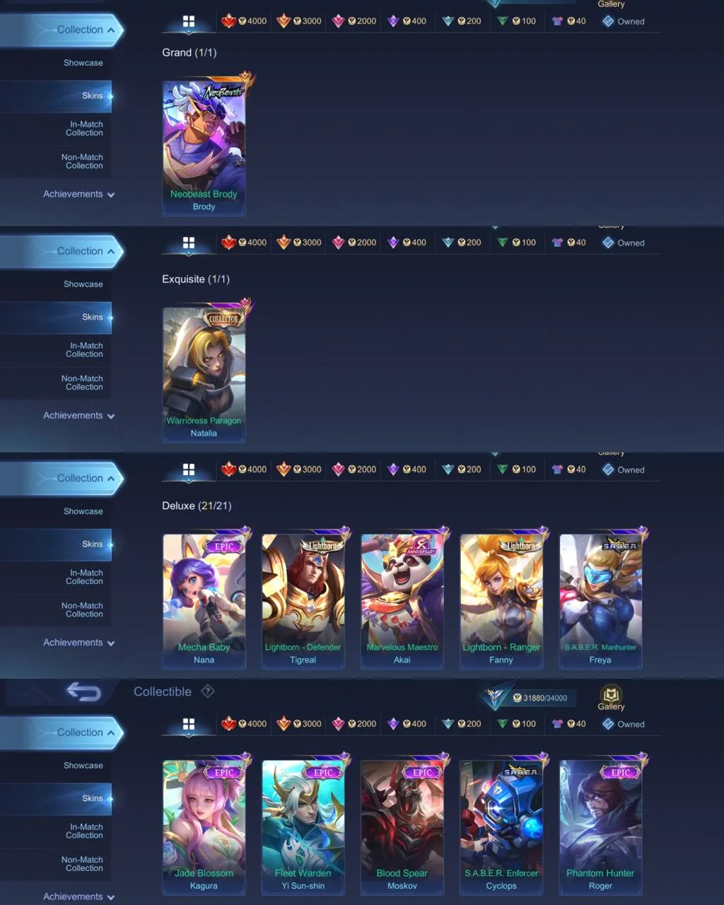ML 351⚡FULL MAX EMBLEM⚡NEOBEAST BRODY⚡️COLLECTOR NATALIA⚡️LIGHTBORN TIGREAL FANNY⚡️8 EPIC⚡️NARUTO VALE⚡️ DRAGON VALIR⚡️BLAZING ALDOUS ESMERALDA⚡️VALENTINE CLAUDE⚡️