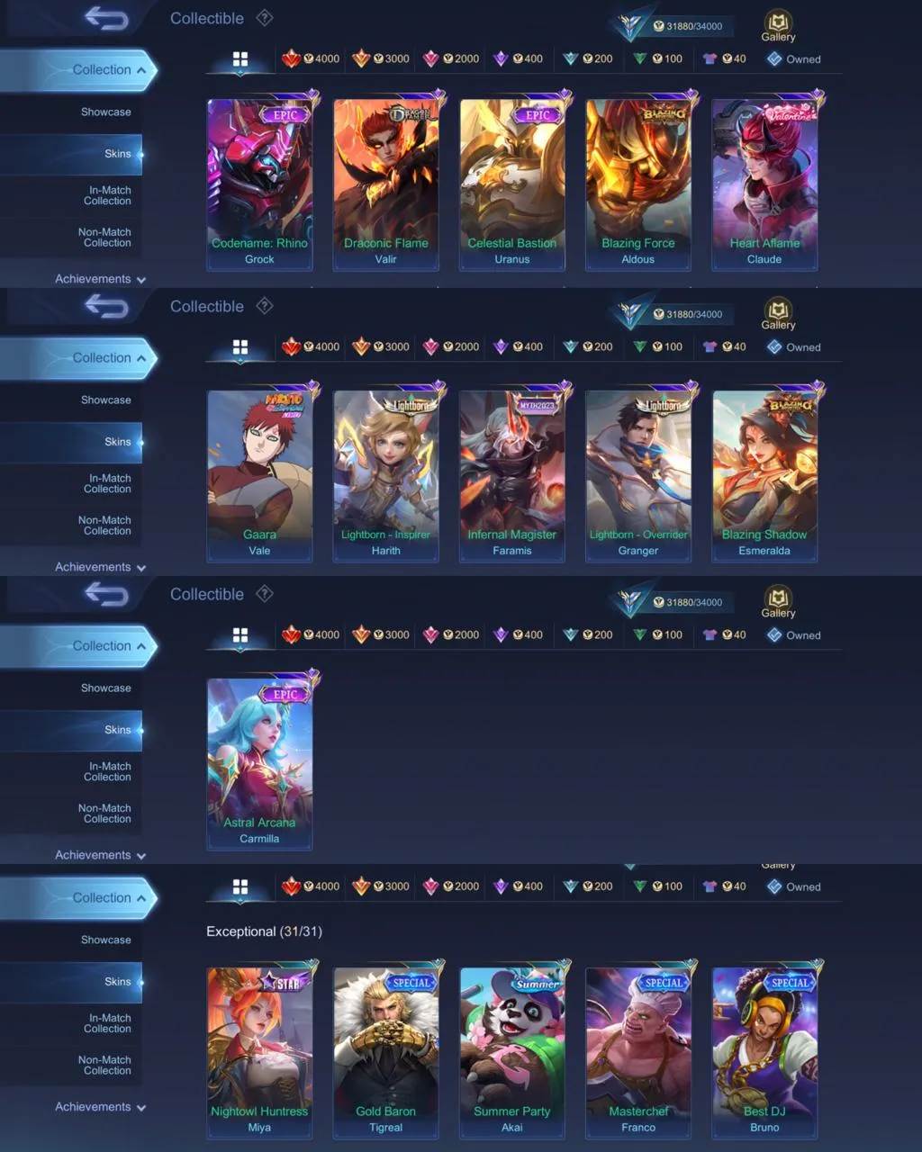 ML 351⚡FULL MAX EMBLEM⚡NEOBEAST BRODY⚡️COLLECTOR NATALIA⚡️LIGHTBORN TIGREAL FANNY⚡️8 EPIC⚡️NARUTO VALE⚡️ DRAGON VALIR⚡️BLAZING ALDOUS ESMERALDA⚡️VALENTINE CLAUDE⚡️