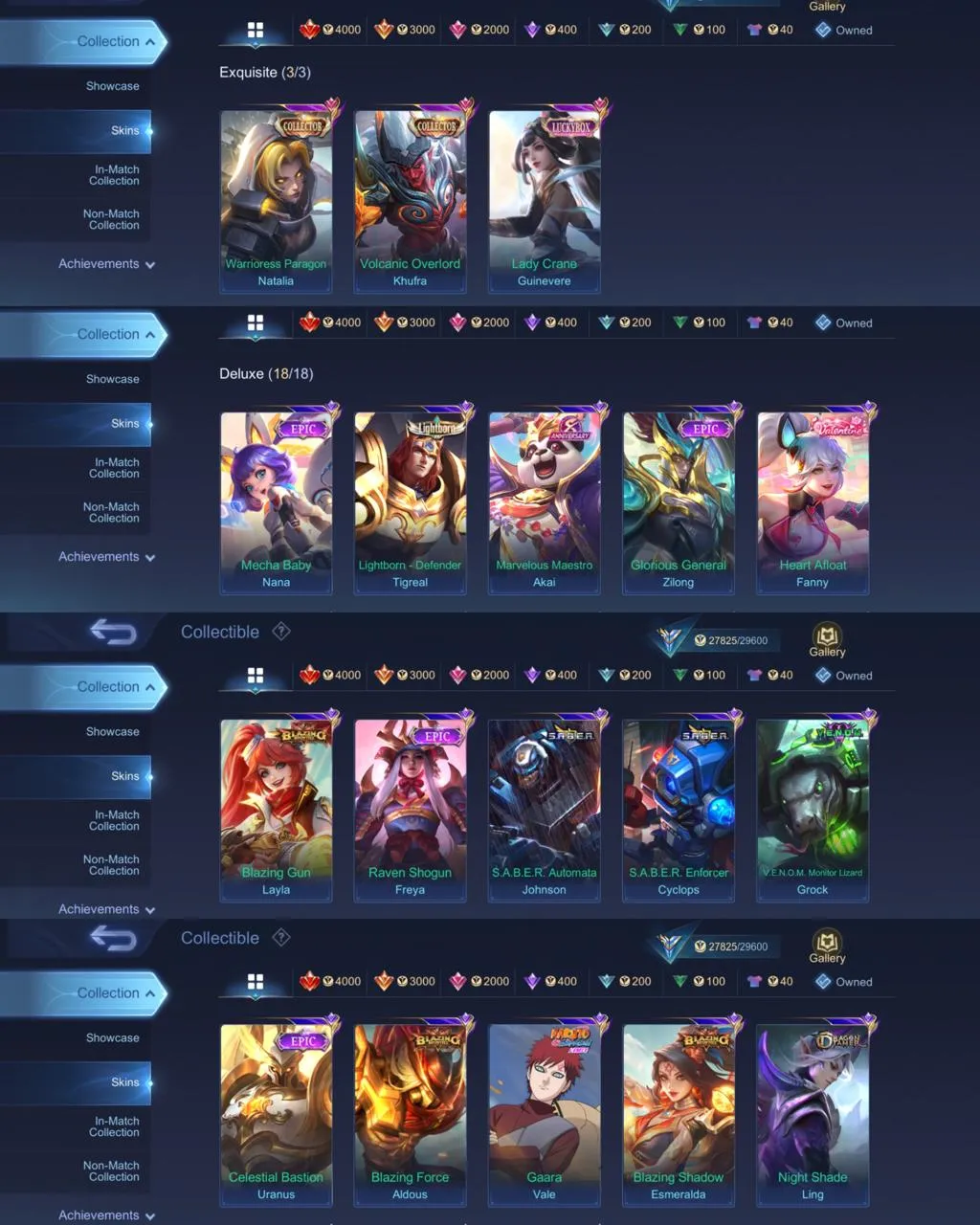 ML 366⚡COLLECTOR NATALIA KHUFRA⚡️LUCKYBOX GUINEVERE⚡️EPIC NANA ZILONG FREYA URANUS CARMILLA⚡️LIGHTBORN TIGREAL⚡️VALENTINE FANNY⚡️BLAZING LAYLA ALDOUS⚡️VENOM GROCK⚡️NARUTO VALE⚡️