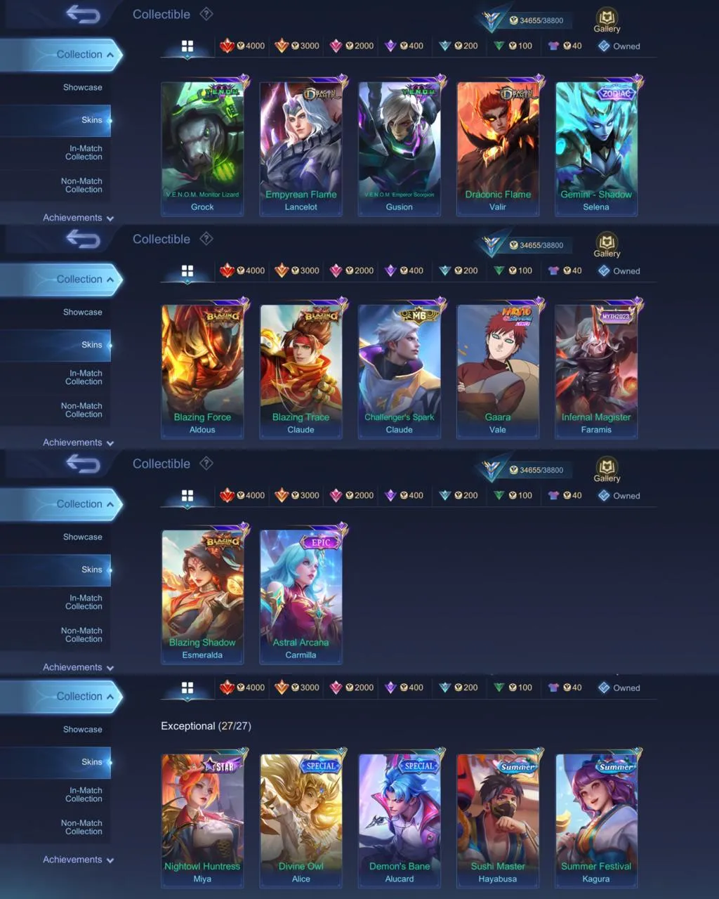 ML 383⚡PRIME CLAUDE⚡️STAR HAYABUSA⚡️COLLECTOR NATALIA⚡️LIGHTBORN TIGREAL⚡️BLAZ FRANCO LAYLA⚡️EPIC CLINT RAFAELA⚡️VALENTINE FANNY⚡️STUN CHOU⚡️ ZODIAC SELENA⚡️NARUTO VALE⚡️