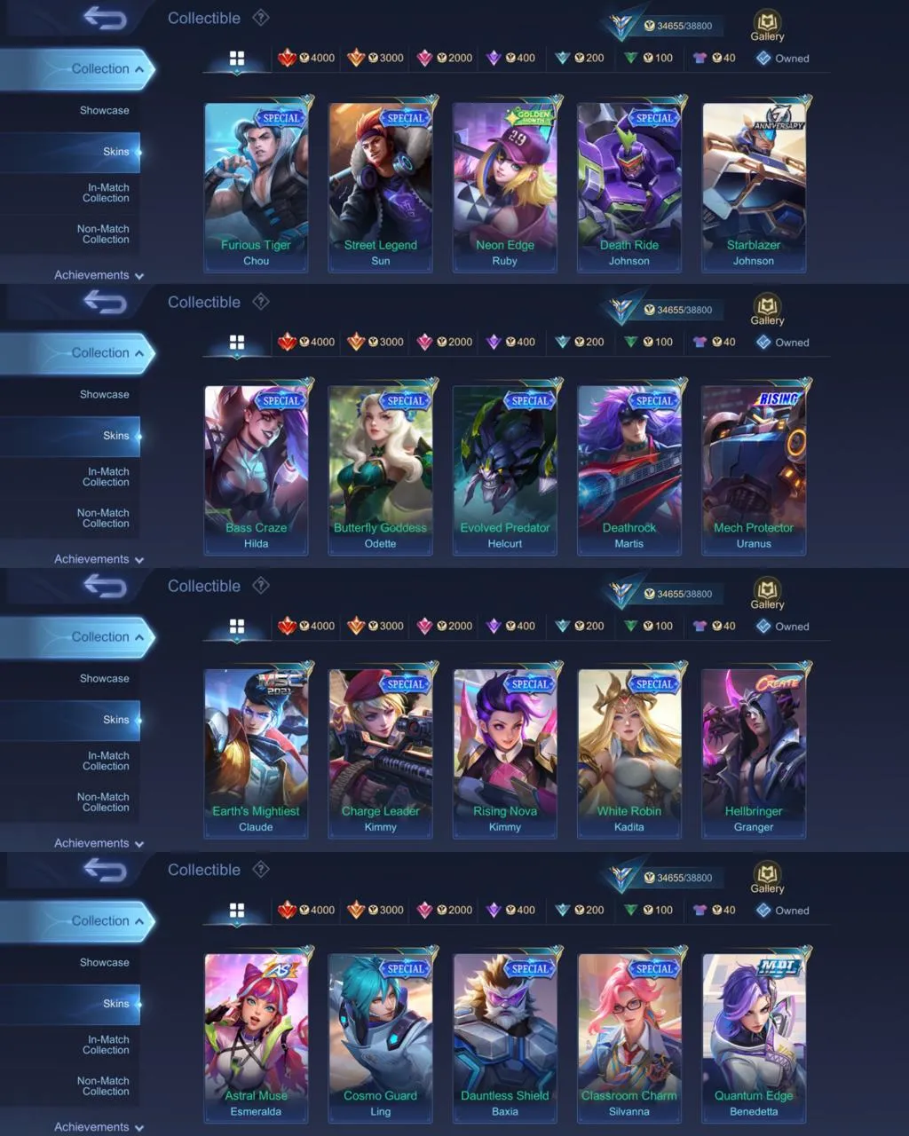 ML 383⚡PRIME CLAUDE⚡️STAR HAYABUSA⚡️COLLECTOR NATALIA⚡️LIGHTBORN TIGREAL⚡️BLAZ FRANCO LAYLA⚡️EPIC CLINT RAFAELA⚡️VALENTINE FANNY⚡️STUN CHOU⚡️ ZODIAC SELENA⚡️NARUTO VALE⚡️