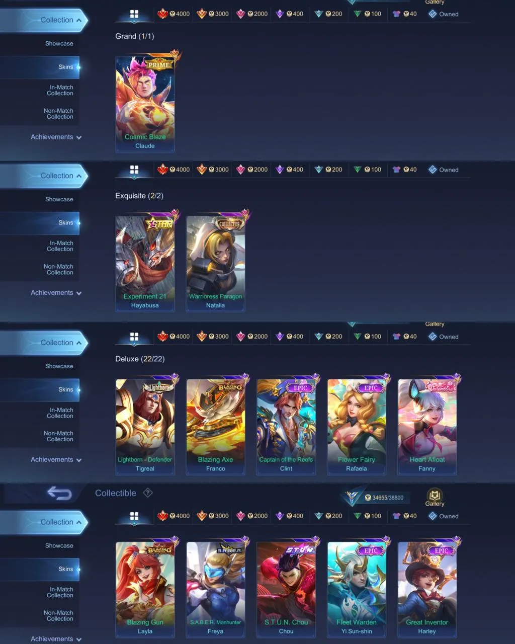 ML 383⚡PRIME CLAUDE⚡️STAR HAYABUSA⚡️COLLECTOR NATALIA⚡️LIGHTBORN TIGREAL⚡️BLAZ FRANCO LAYLA⚡️EPIC CLINT RAFAELA⚡️VALENTINE FANNY⚡️STUN CHOU⚡️ ZODIAC SELENA⚡️NARUTO VALE⚡️