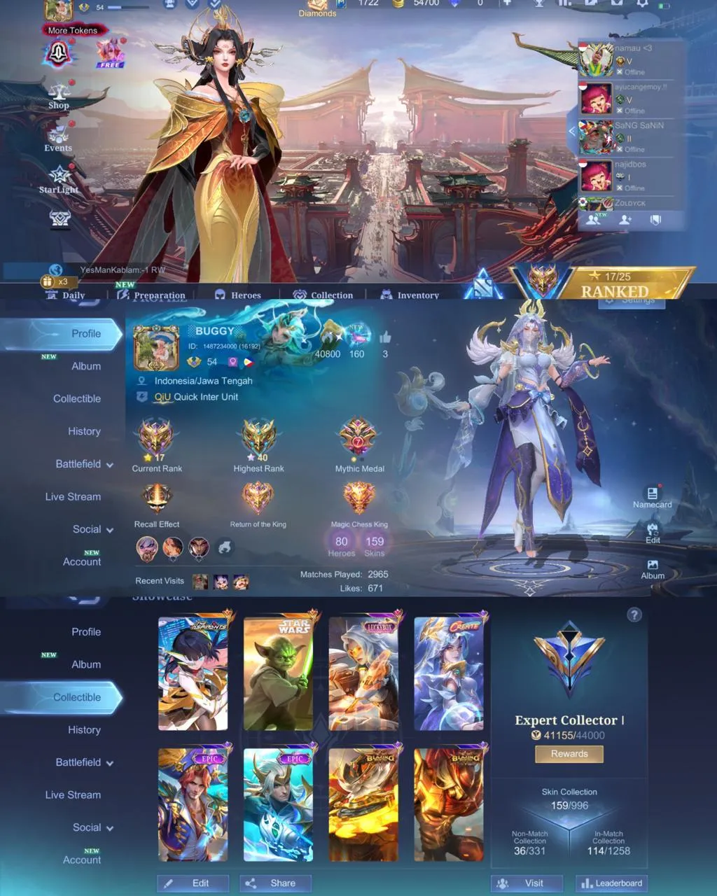 ML 400⚡Full max emblem⚡️Aspirant Ruby⚡️Starwars Cyclops⚡️Collector Natalia⚡️Luckybox Lesley⚡️12 Epic⚡️Blazing Franco Layla⚡️Myth Clint⚡️Venom Harley⚡️Mystic Lesley Silvanna⚡️Dragon Valir Masha⚡️Lightborn Granger⚡️Create Luo Yi⚡️