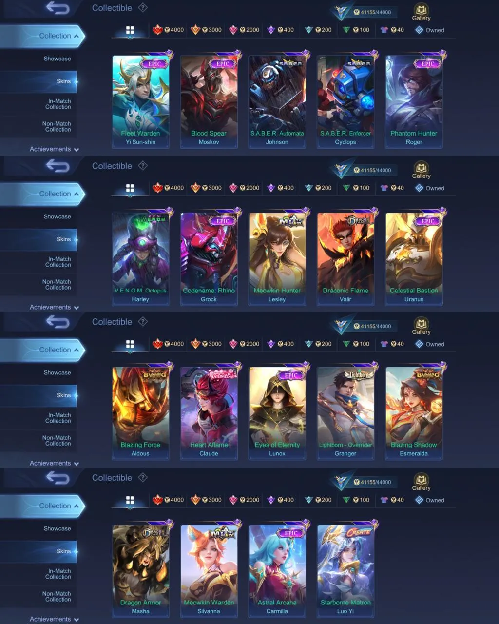 ML 400⚡Full max emblem⚡️Aspirant Ruby⚡️Starwars Cyclops⚡️Collector Natalia⚡️Luckybox Lesley⚡️12 Epic⚡️Blazing Franco Layla⚡️Myth Clint⚡️Venom Harley⚡️Mystic Lesley Silvanna⚡️Dragon Valir Masha⚡️Lightborn Granger⚡️Create Luo Yi⚡️