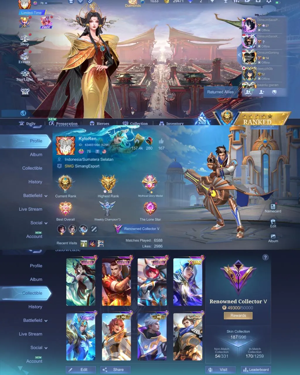 ML 406⚡Full max emblem⚡️Kof Karina⚡️Collector Natalia⚡️ Luckybox Kagura Chou Kimmy⚡️Star Lesley⚡️Lightborn Tigreal Alucard⚡️Myth Clint⚡️12 Epic⚡️Lunar Fest Sun⚡️Venom Harley Hanabi⚡️Zodiac Lancelot⚡️M6 Claude⚡️
