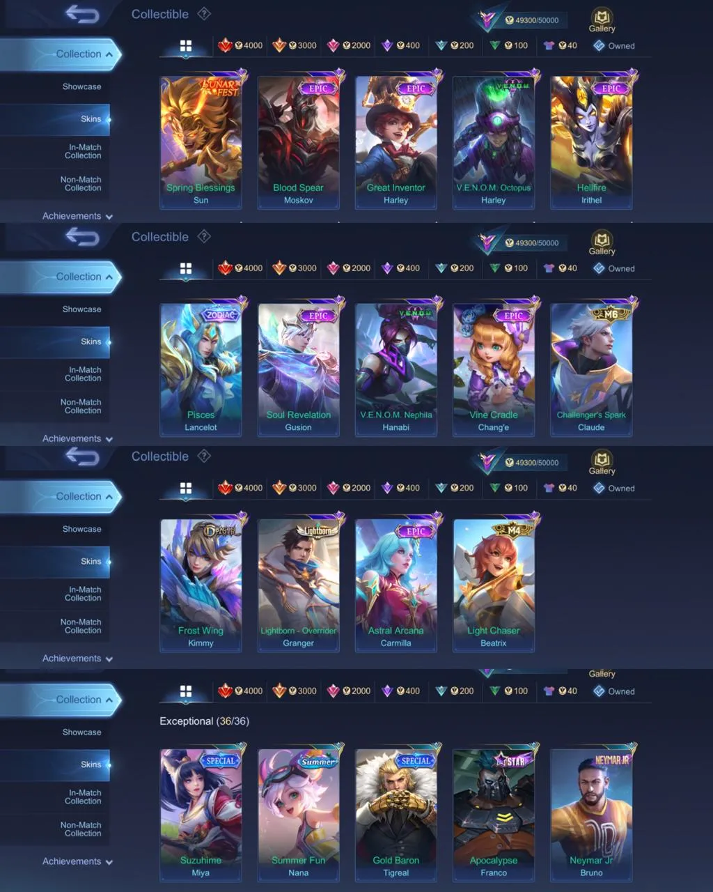 ML 406⚡Full max emblem⚡️Kof Karina⚡️Collector Natalia⚡️ Luckybox Kagura Chou Kimmy⚡️Star Lesley⚡️Lightborn Tigreal Alucard⚡️Myth Clint⚡️12 Epic⚡️Lunar Fest Sun⚡️Venom Harley Hanabi⚡️Zodiac Lancelot⚡️M6 Claude⚡️