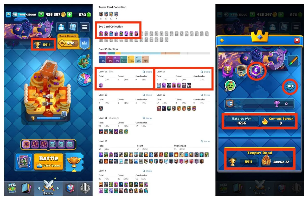 💥45% OFF SALE💥 8 MAX CARDS 💢 8 EVO CARDS ☘️ 1 ELITE CARD 🏆 8911 TROPHIES ⚡ 22 ARENA LVL ♨️ 50 XP LVL🔻 13 KT 📛 49 OP RARE EMOTES ☄️ 5 OP TOWER SKIN 🗼 119 CARDS ✴️ FAST DELIVERY 🚚 FREE COC ACCOUNT 💢