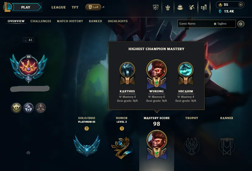 🔥LVL43 Platinum 3 59LP 86%WR Handleveled💎+38LP Gains (12K BE 7Skins)⭐Name Changeable✅Recovery Info Incl – Lifetime Ownership Guarantee