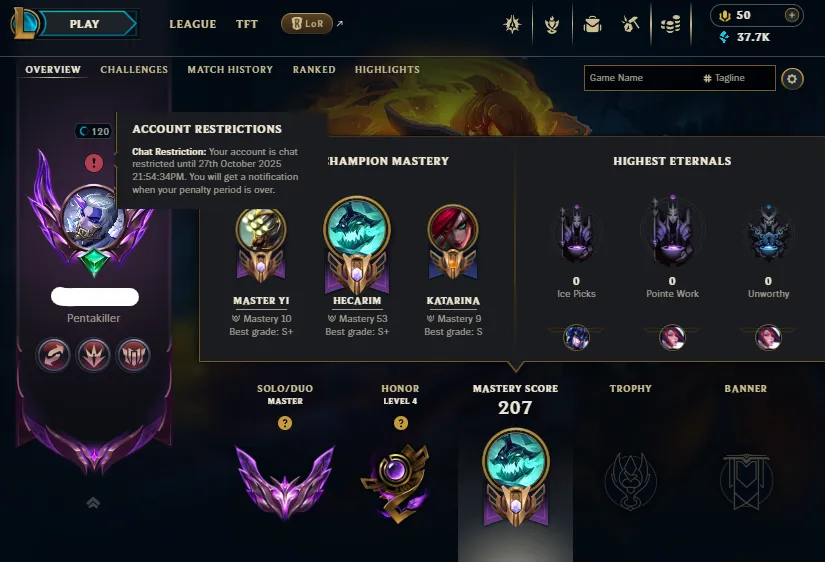 HUGE SALE!🔥LVL120 Master 180LP Handleveled💎37K BE 104Champs 48Skins⭐Master Rewards✅Lifetime Ownership Guarantee - Never Taken Back