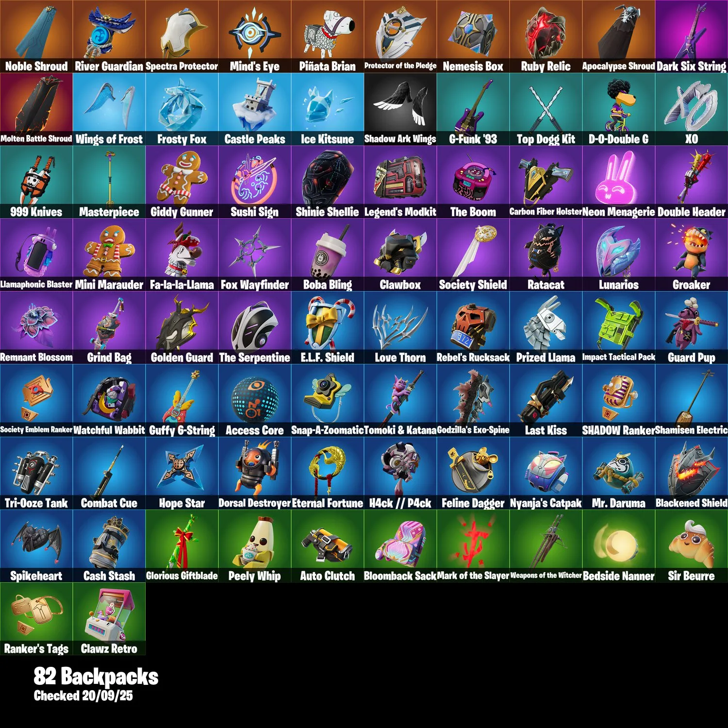 F1213 76 Skins Including Molten Omen, Felina, Absolute Zero, Massai, Axion Sentinel, Peter Griffin, Doom Slayer, Valeria, The Ageless, Frozen Nog Ops, Gold Blooded Ace, Contract Giller, Bullseye, Godzilla Evolved, Nezumi, Mizuki, Shadow Ark (G)
