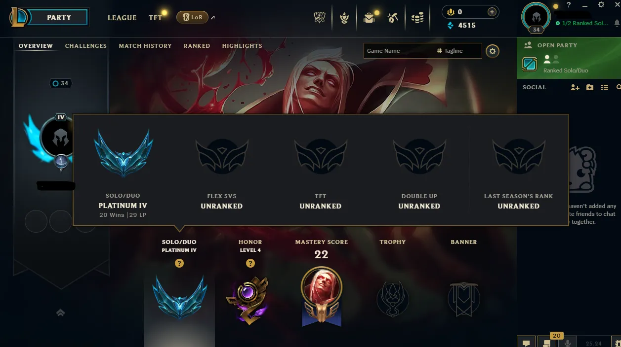 🚀【NA】Platinum IV ⚡64% WR Smurf 💰5K BE | 32 Champ 🎖️Honor 4 🌊Full Access