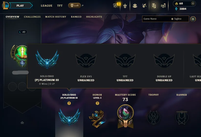 Emerald 4 MMR🔥Platinum 3 0W/3L Handleveled💎35Champs 5Skins✅Lifetime Ownership Guarantee✔️Recovery info included