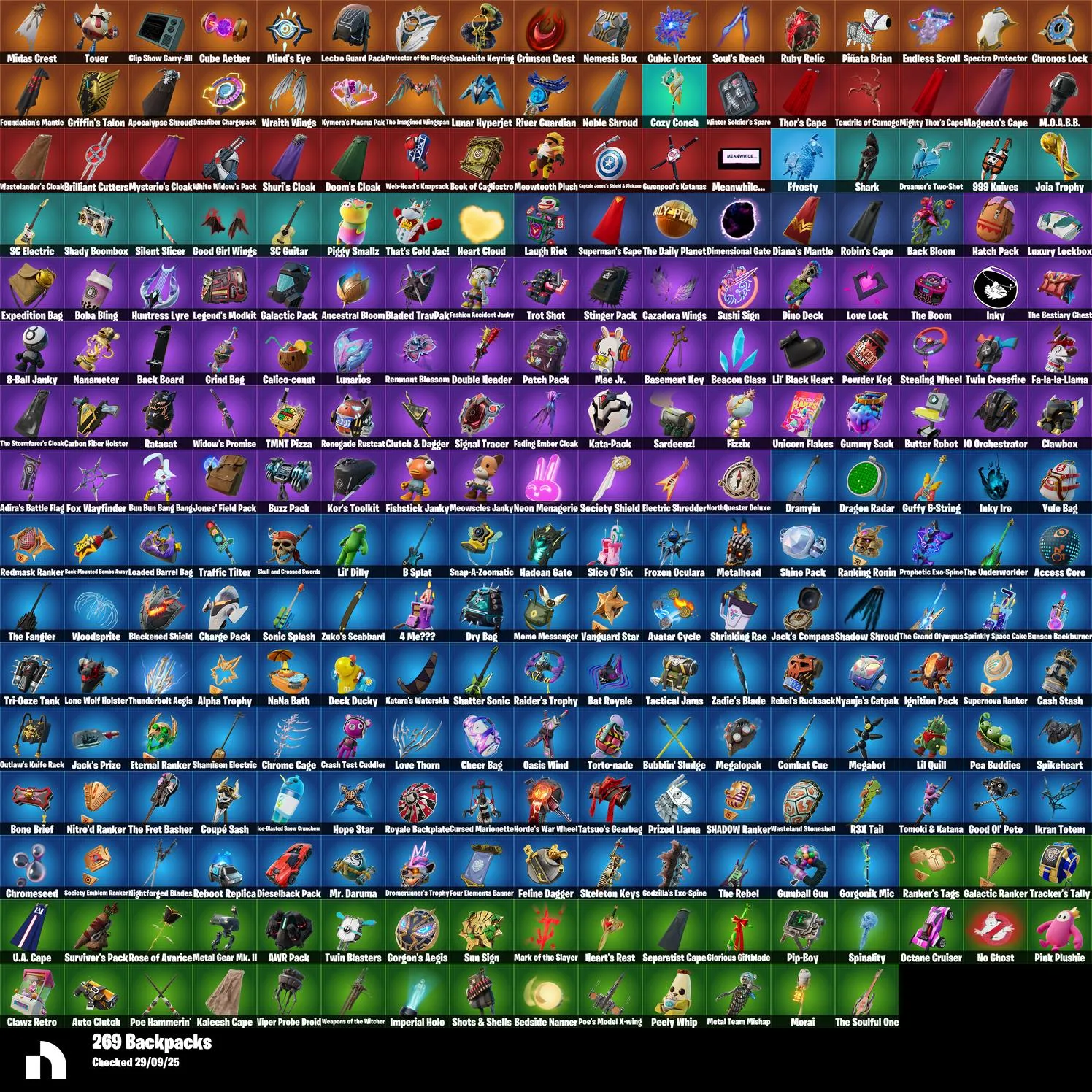 F997 214 Skins | Burnoff | T-60 Power Armor | UNSC Spartan | Big Dill | Fish Thicc | 269 Backpacks | 237 Pickaxes | 188 Wraps | 186 Gliders | 180 Emotes