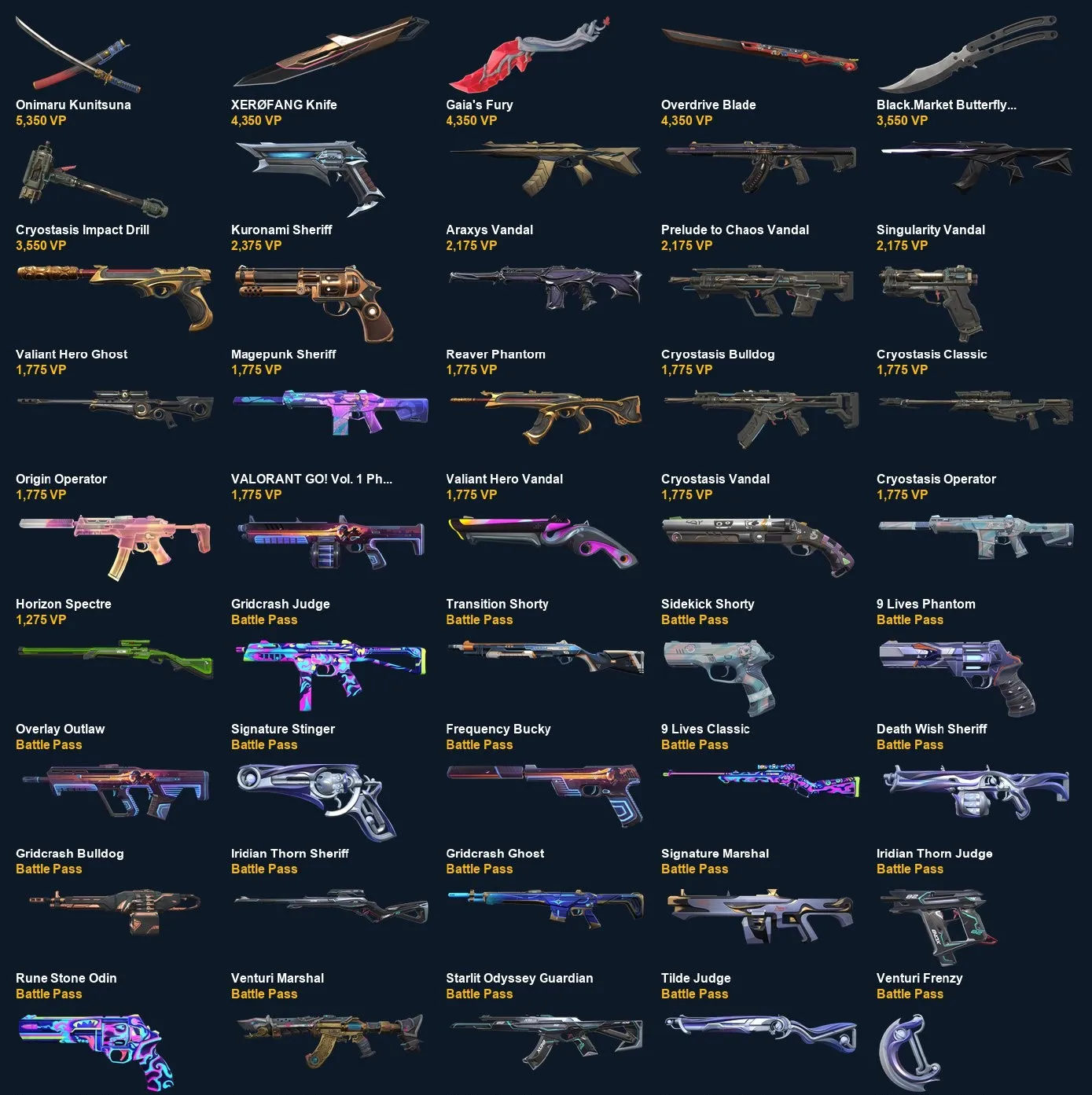 V112 //Onimaru Kunitsuna, XERØFANG Knife, Gaia’s Fury, Overdrive Blade, Black Market Butterfly, Singularity Vandal, Arcane Vandal, Kuronami, 82 Skins, 21 Agents