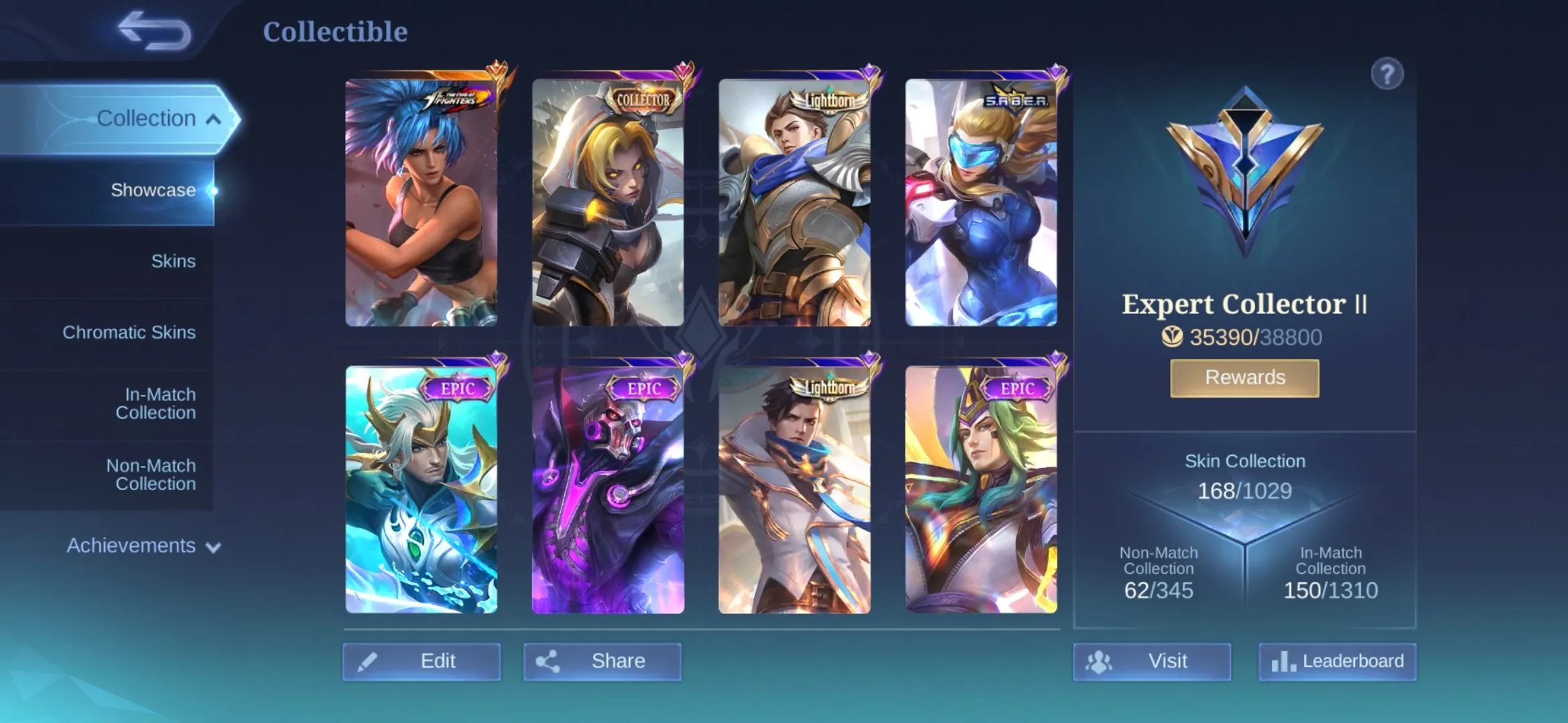 ML512 168 Skins Mythic 98 Level KOF Karina Huge Epic Collection 10k Matches