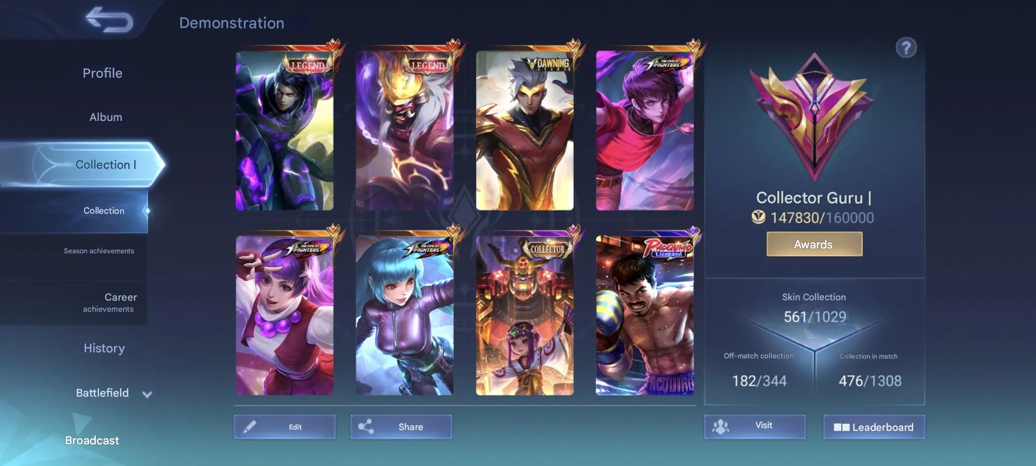 ML525 Legend Alucard Franco Dawning Chou KOF Darius Guinevere Aurora Karina Snapper Collector 561 Skins