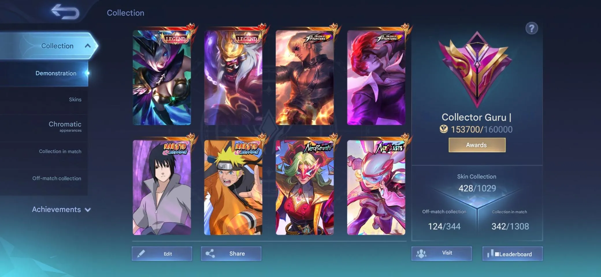 ML527 Legend Miya Franco KOF Gossen Chu Aurora Karina Neo Beast Fasha Lylia Naruto Lucas Sasuke 428 Skins
