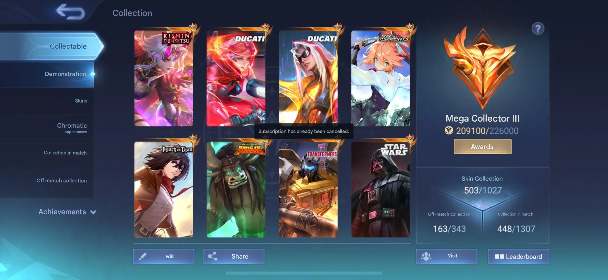 ML533 Aspirant AOT Fanny Ducati Benedetta KOF Chou Argus Star Wars Hanzo Collector 503 Skins