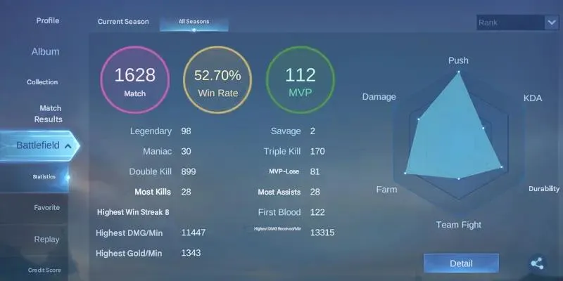 ML542 Hero 78 | 123 Skins | 1 Collector | 14 Epic | Mythic Rank