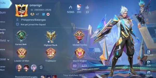 ML570 89 Heroes | 123 Skins | 18 Epic Skins | Member Collector IV | 53.85% Winrate | 2873 Matches