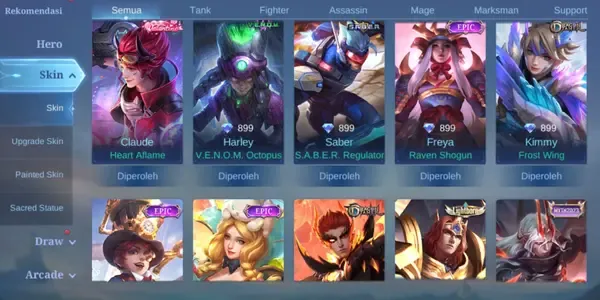 ML582 104 Heroes | 126 Skins | Collector Natalia | Lightborn Tigreal | Limited Valentine Christmas Claude | Epic Freya Harley Saber Valir Kimmy Carmilla Rafaela