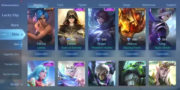 ML585 91 Heroes | 114 Skins | Collector Natalia | KOF Karina | Lightborn Tigreal | Limited Roger | Epic Gusion Grock Ling Layla Moskov Lunox Aldous