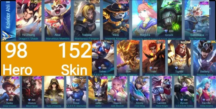 ML604 Clouds Kagura, Luckybox Akai, Lunar Sun, M5 Yu Zhong, Seiya Badang, LB Tigreal Collector, Natalia, Epic Irithel, Lunox, Kimmy, Lancelot and More Skins (G)