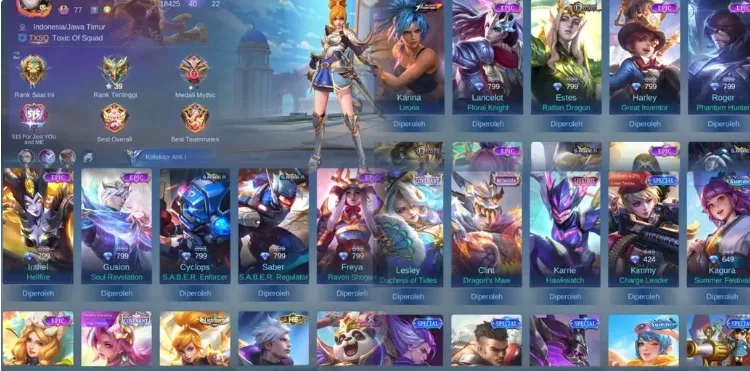 ML607 Lightborn Fanny, Covenant Benedetta, Lesley, 16 Luxury Epics, All Emblems Unlocked, 202 Skins, 114 Heroes (G)