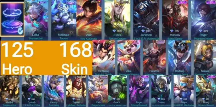 ML608 Recall Seal of Anvil, KOF Valir, Zodiac Minotaur, Limited Roger, Seiya Badang, Collector Natalia, M5 Yu Zhong, Epic Moskov, Freya and More Skins (G)