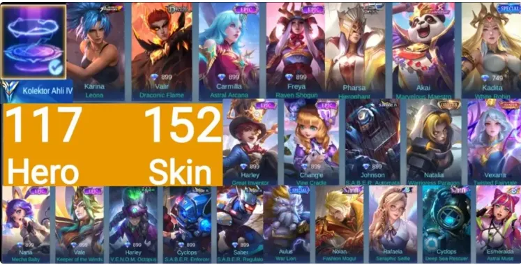 ML609 Recall Seal of Anvil, Zenith Vexana, MSC Pharsa, Collector Natalia, KOF Karina, Epic Vale and Harley Skins (G)