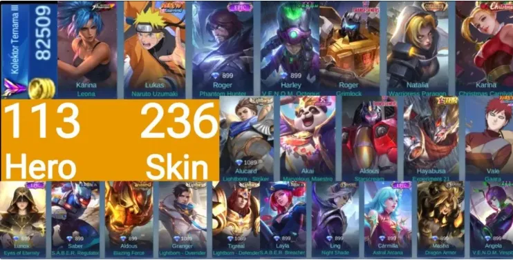 ML612 Naruto Lukas, Transformers Aldous, Roger Star, Hayabusa Experiment 21, KOF Karina, Collector Natalia, Lightborn Granger, Lightborn Alucard, Lightborn Tigreal and More Epic Skins (G)