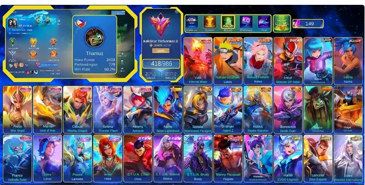 ML615 418 Skins, Good Winrate, Legend Valir, 4 Collector Skins,Sakura x Naruto, 43 Limited Event and Collaboration Skins, 33 Rare Shop Skins (G)