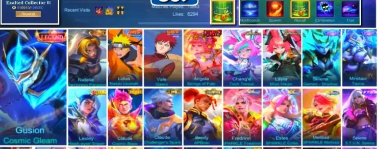 ML616 369 Skins, Legend Gusion Cosmic Gleam, Collector Natalia, Naruto Lukas, Kinsin Angela (G)